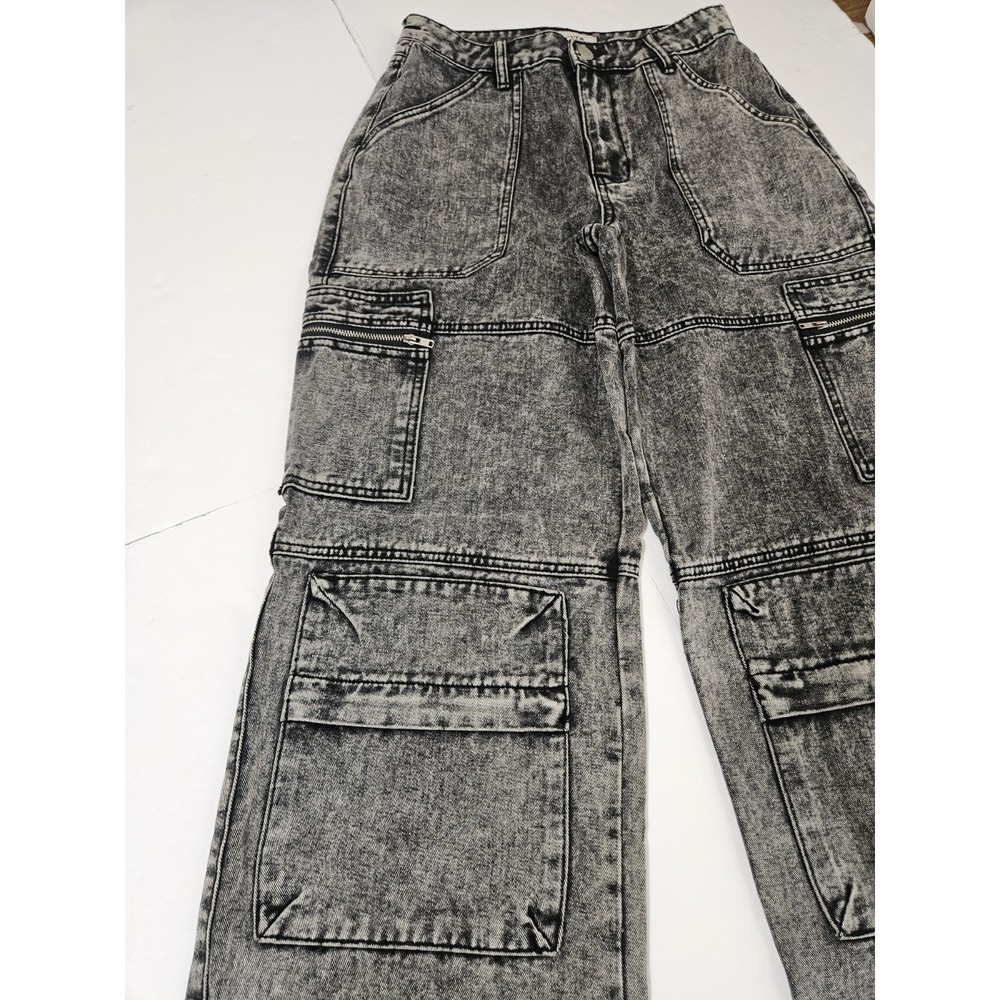 Love Cult Womens Wide Leg Cargo Black Acid Wash Size Small Baggy Denim Y2K - Picture 2 of 10